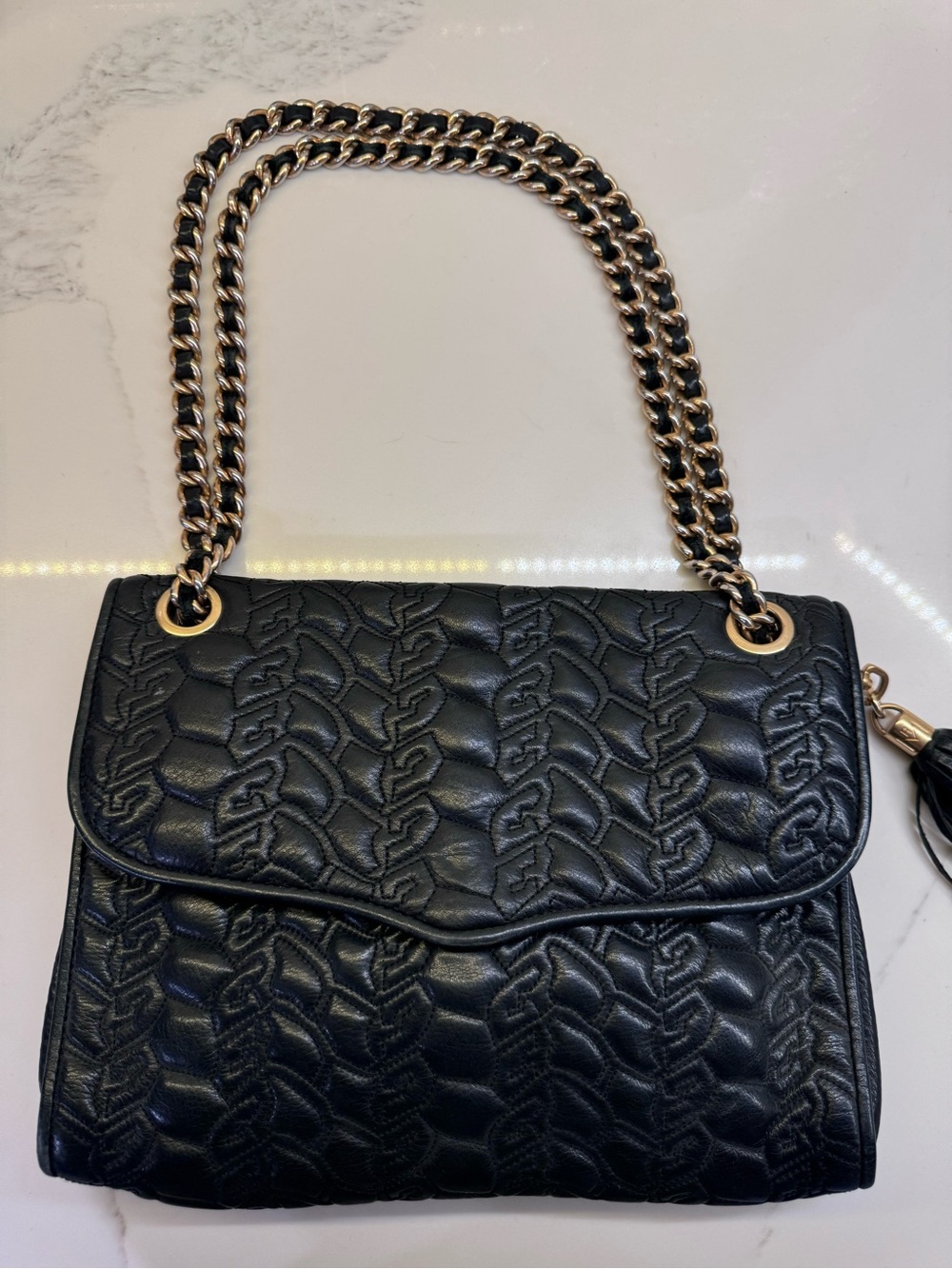 Rebecca Minkoff Black Quilted Leather Shoulder Bag with Gold Chain